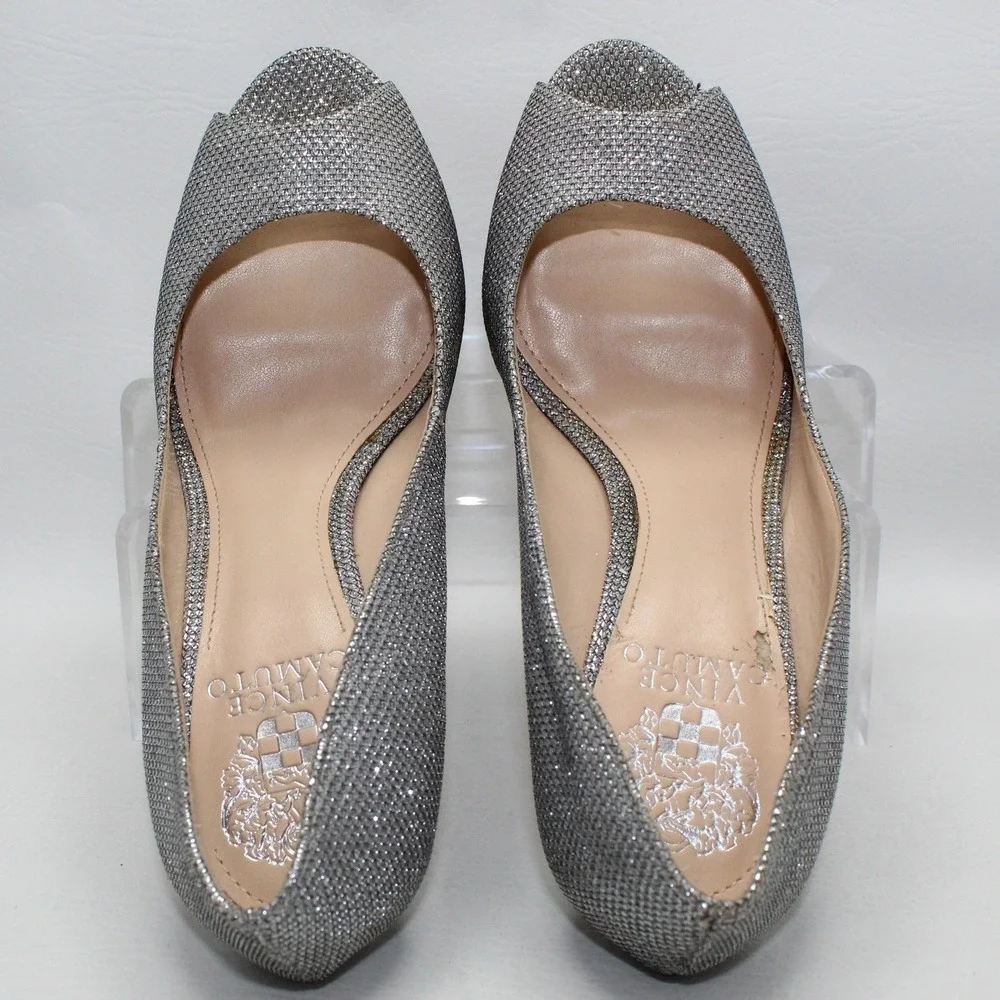 Vince Camuto Lorim Silver Shimmer Peep Toe‎ Platform Pump Heels VC-LORIM 7.5M